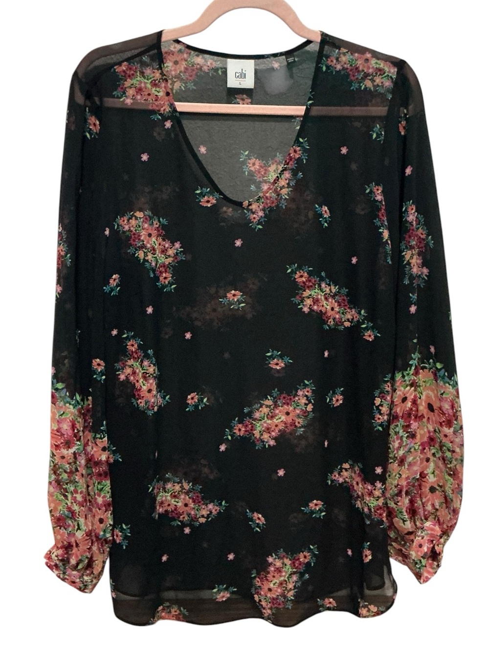 CABI Floral Sheer V-Neck Long Sleeve Blouse L 22” p2p Black NWOT - Picture 2 of 9